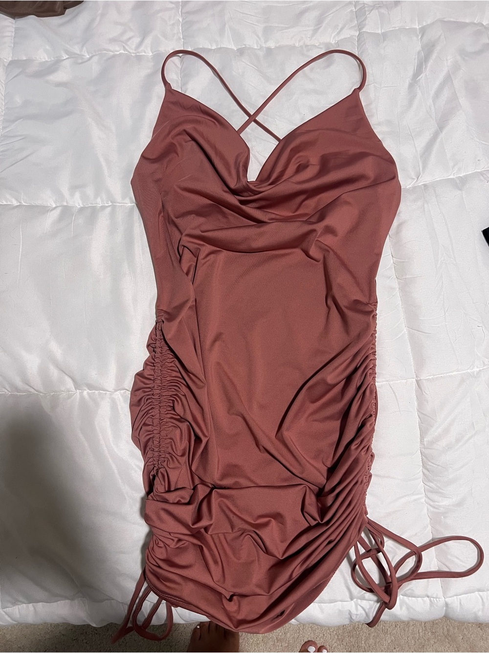 Ruched Cowl Neck Slip Dress in Dusty Rose